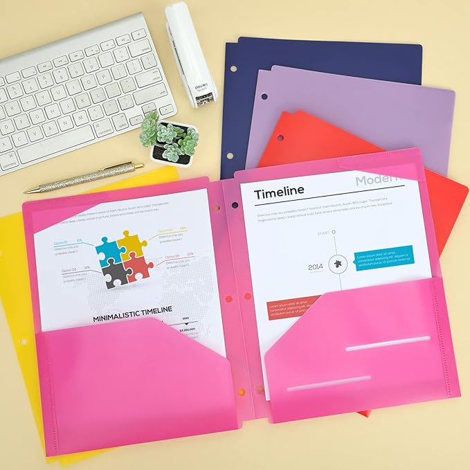 EOOUT Binder Folders 10pcs Colored File Folders, Plastic Folders with Pocket and 2 Business Card Slot, 3 Hole Punch Poly Folders Fits in 3 Ring Binder for School Office