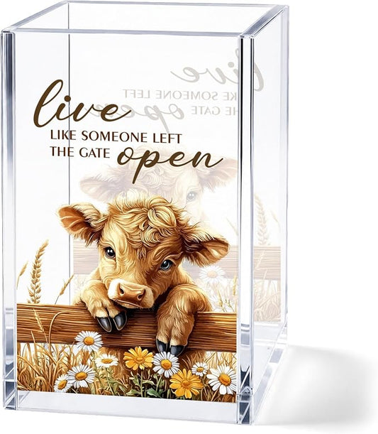 Highland Cow Acrylic Pen Holder Cup, “Live Like Someone Left the Gate Open” Desk Decor, Cute Cow Pencil Holder Organizer, Farmhouse Office Accessories, Gift for Women