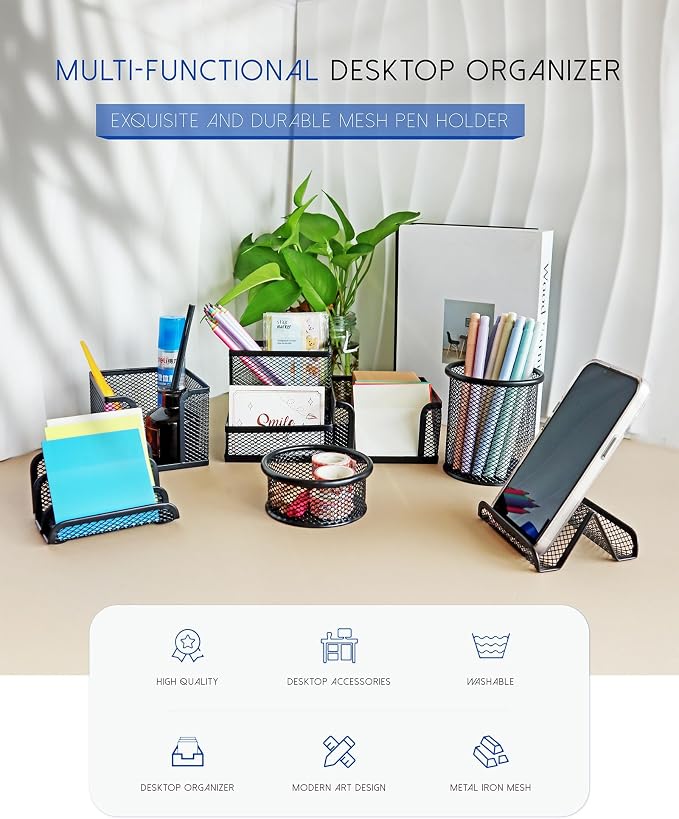 Desk Organizer Set, 6 Piece Mesh Office Accessories, Pen Holder, Phone Stand, Clip Holder, Desktop Storage Set, Black