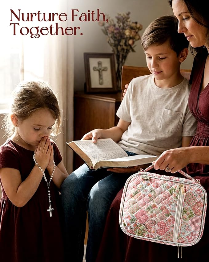 Miss Adola Bible Cover Case for Women - Quilted Bible Carrying Case Organizer Study Bag with Zipper Handle and Shoulder Strap Hearts Vintage Book Cover for Teen Girls