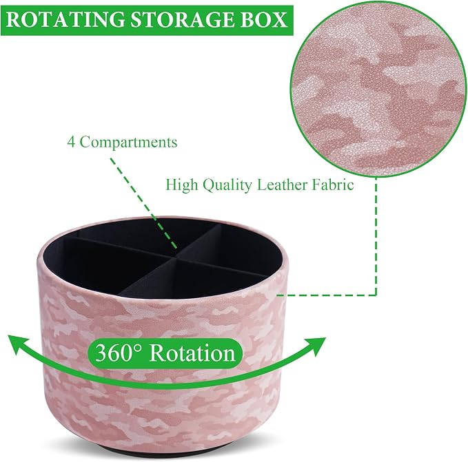 Round Leather Art Supply Organizer,Remote Control Holder,360 Degree Rotating,Multi-Functional Pencil Holder,4 Compartments Desktop Stationary Organizer(1-Camouflage Pink)