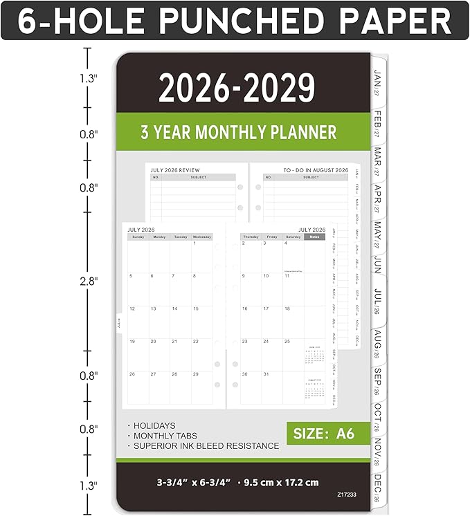 2026-2029 Monthly Planner Refill - A6 Size, Planner Inserts with 6-Hole Punched, July 2026 - June 2029, Two Pages Per Month, 2026-2029 Monthly Calendar with Tabs
