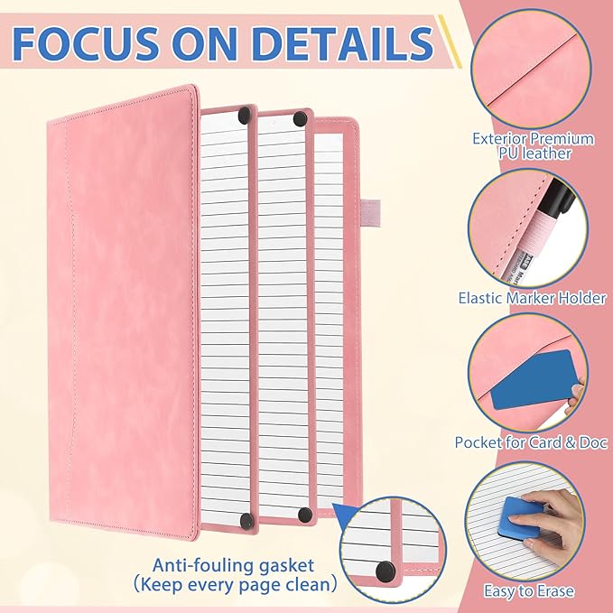 Feifeiya 6 Sides Dry Erase Notebook Portable Whiteboards Notebook Small Reusable College Ruled Lined Board Folding Mini Travel Dry Erase White Board for Office Study(Pink,A4: 9 x 12 Inches)