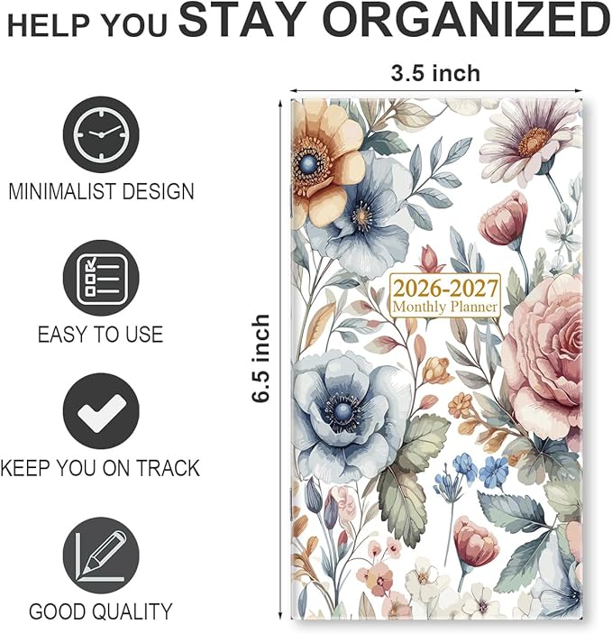 2026-2027 Mini Pocket Planner – 21-Month Pocket Calendar from April 2026 to December 2027, 3.5" x 6.5" Saddle-Stitched Monthly Calendar with Notes Pages – Compact Organizer for Purse, Office, Travel, Colorful Large Flower