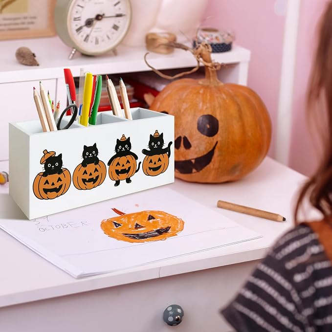 Halloween Black Cat Pen Holder for Desk, Funny Pumpkin Cute Black Kitten Wooden Box Sign Desk Decor for Home Office Decoration, Fall Halloween Pencil Organizer, Cat Lover Gifts