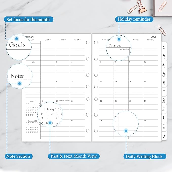 2026 Monthly Planner Refill, A5 Medium Size Planner Inserts for 7 Ring, 5.5" x 8.5", Jan. 2026 - Dec. 2026, 12 Monthly Calendars with Laminated Tabs, 7-Hole Punched