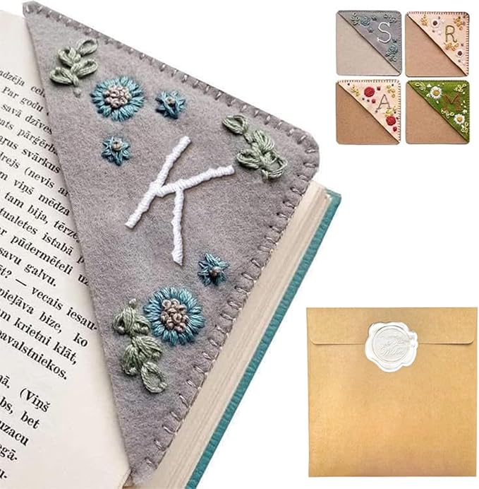 Personalized Hand Embroidered Corner Bookmark, 26 Letters Hand Stitched Felt Corner Letter Bookmark, Cute Flower Embroidery Bookmarks for Book Reading Lovers Meaningful Gift (Winter，K