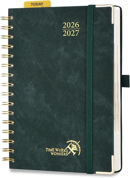 POPRUN Daily Planner 2026-2027 One Page Per Day (6" x 8.5"), 12 Months Hourly Appointment Book (July 26-June 27) Academic Planner Calendar Book with Inner Pocket, Spiral Hardcover - Black Green
