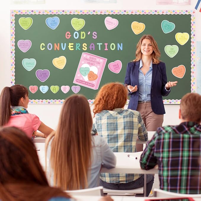 135Pcs Valentine’s Day Conversation Heart Bulletin Board Decoration Candy Heart Cutouts Border Trim Jesus Religious Sunday School Classroom Wall Decors for Chalkboard Valentines Party Supplies