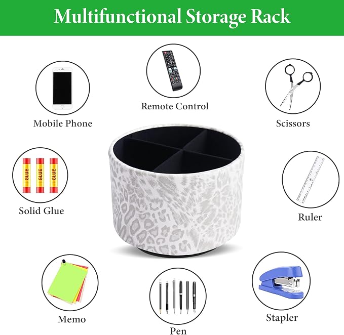 Round Leather Art Supply Organizer,Remote Control Holder,360 Degree Rotating,Multi-Functional Pencil Holder,4 Compartments Desktop Stationary Organizer(1-Leopard White)
