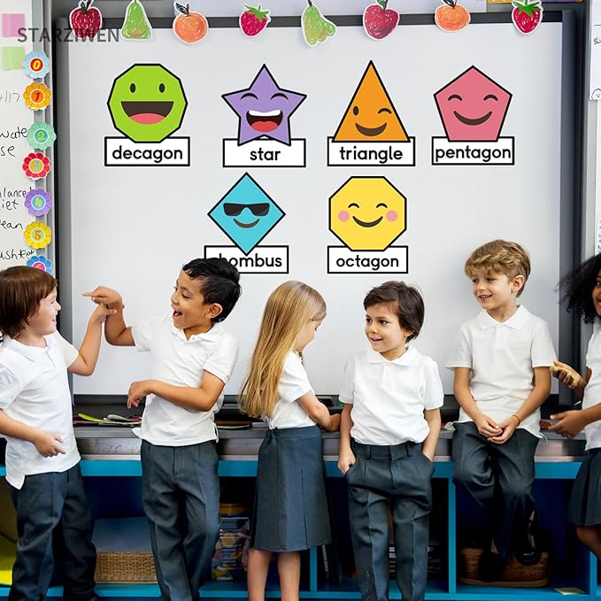 14Pcs Shapes Bulletin Board Set, Jumbo 10x12 Inch 2D Geometric Shapes Posters for Classroom Wall, Rainbow Educational Cutouts with Glue Points for Kindergarten and Preschool Decor