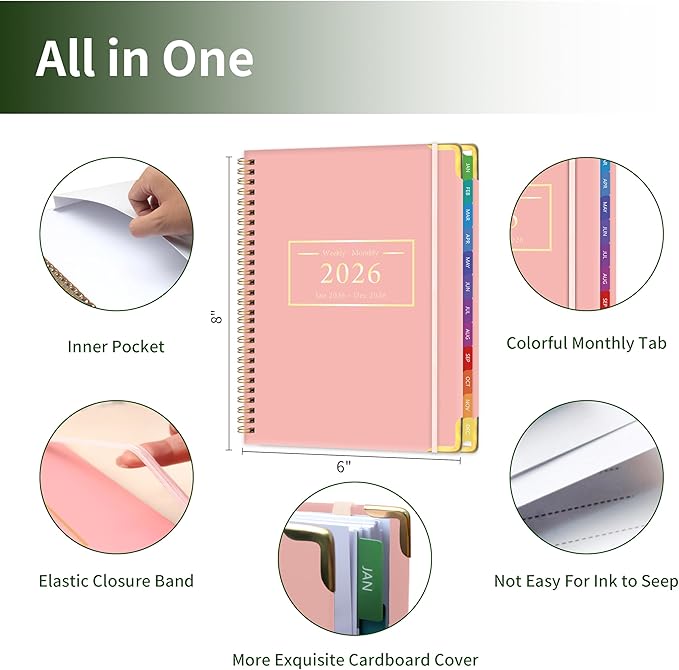 Planner -2026, Hardcover Weekly & Monthly Calendar Planner, January 2026 - December 2026, 6" x 8", Daily Agenda Book with Colorful Tabs, College Organizer Notebook, School & Work Supplies for Student Teacher Classroom