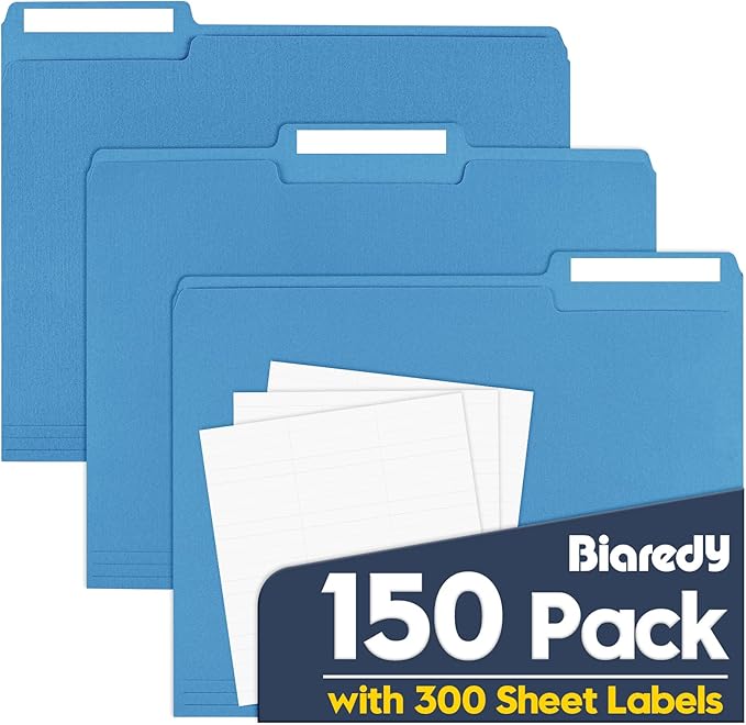 File Folders,150 Pack 1/3 Cut Tab Colored File Folders,Letter Size 8.5" x 11",Bulk Durable Paper Folders with Blank Labels for Office Business School Home Use,Navy Blue