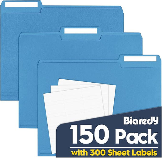 Colored File Folders,150 Pack Bulk, Letter Size 8.5" x 11",1/3 Cut Tab Durable Paper Folders with Blank Labels for Office Business School Home Use,Navy Blue