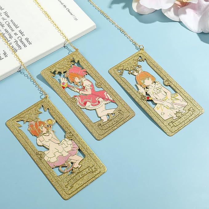 Card Captor Anime Metal Book Mark- Pink Sakura Hollow Out Metal Bookmarks Gift for Girl Book Lovers Anime Fans Collection Christmas Valentine Ideal Marker for Reading Stationery (3 Style)