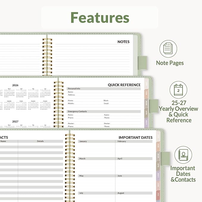 SUNEE 2026 Weekly & Monthly Planner 6.2"x8.5"- 12 Month (January 2026 - December 2026), Vegan Leather Cover, Pocket, Bookmark, Notes, Monthly Tab, Sage Green