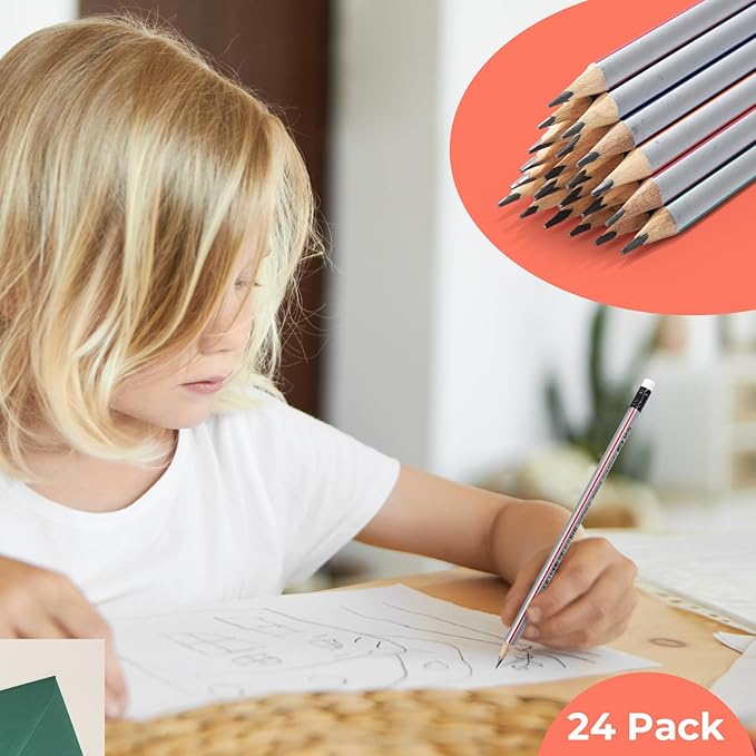 M&G Wood-cased Pencils, 24 Count, Pre-Sharpened, #1 2B Pencils, Two-Tone Striped, Triangular, Graphite Pencils Bulk with Top Erasers, School Classroom Teacher Supplies, Writing, Drawing and Sketching