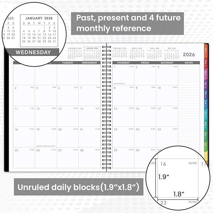 2026 Monthly Planner - Jan 2026 - Dec 2026 Planner/Calendar,12 Monthly Planner with Contacts & Passwords, 8.5" x 11" Planners 2026, Colorful Tabs, Thick Paper, Black