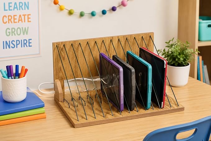 Fun Express Wooden Storage Rack & Charging Station Organizer – Multi-Device Holder for Classroom, Office, or Home – School Supply Organizer for iPads, Tablets & Laptops – 14.5 x 11 x 7.5 Inches