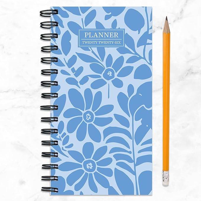 TF Publishing 2026 Blue Blooms Small Weekly Monthly Planner with 2-Page Monthly Calendar Grid, Weekly Planning Pages, and Lined Notes Section in Back - Mini Planner for Pocket or Purse - 3.5in x 6.5in
