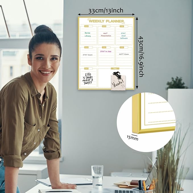 Dry Erase White Board Weekly Calendar Board, Magnetic Whiteboard for Wall, Gold Aluminum Frame Message Board, Vertical, 17“x13“, Planner Board for Office, Home, Schooll(Weekly-BB-Gold-3343-R)