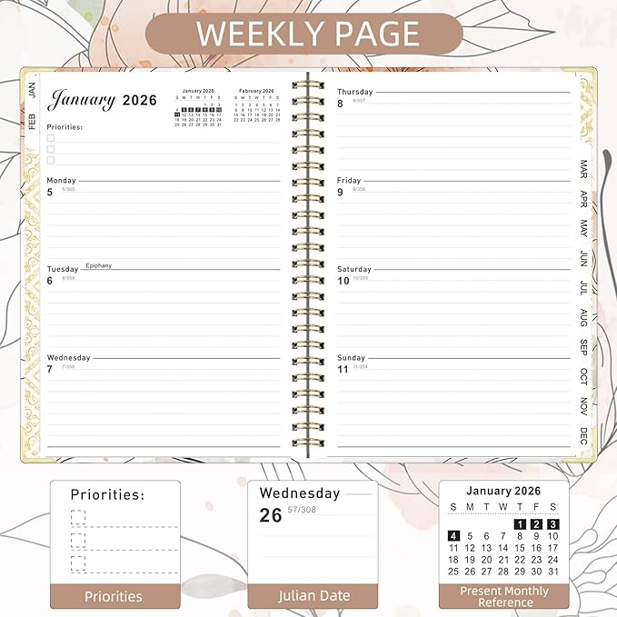 2026 Planner, Jan.2026 - Dec.2026 Planner Weekly and Monthly 6.25"x8.5" with with Page Tabs, Calendar Hardcover with Inner Pocket, Elastic Band, Twin-Wire Binding, Bookmark, Flower