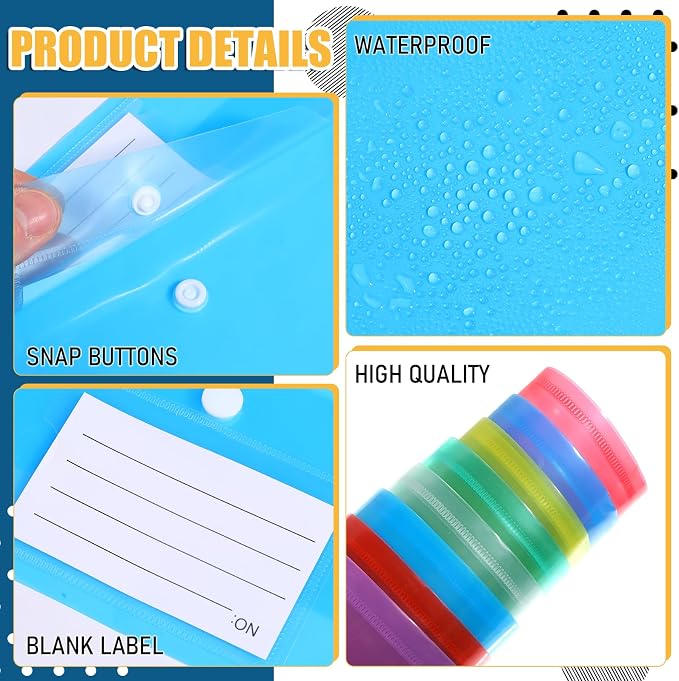 48pcs Plastic Envelopes Poly Envelopes Clear Envelope with Snap Button Closure A4 Letter Size Plastic Envelope Folder with Label Pocket for School Office Home Organizer Supplies, 8 Colors
