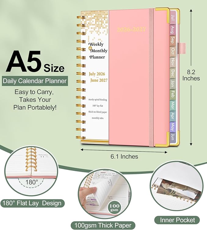 Academic Planner 2026-2027, Hardcover Weekly and Monthly Calendar Planner from July 2026 - June 2027, Daily Agenda Planners with Tabs, College School Organizer for Student Teacher, A5 (6.1" x 8.2"), Pink