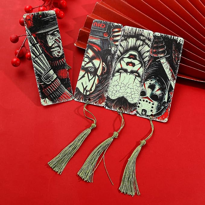 Horror Novelty Bookmark Set - 6 Creepy Tool Shapes with Blood Stain Design, Gothic Book Accessories for Halloween Gifts, Macabre Metal Page Holders with Red Tassels (4pcs Killer A)