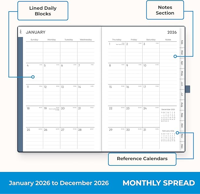 Blue Sky 2026 Weekly and Monthly Planner Calendar, January 2026 - December 2026, 5" x 8", Faux Leather Hard Cover, Bookbound, Tabs, Pen Loop, French Navy