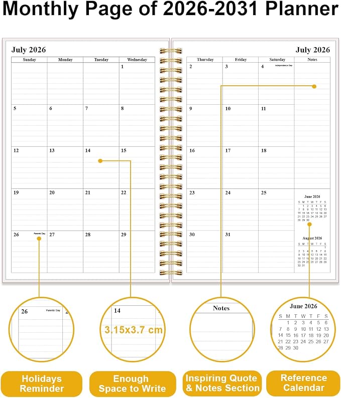 2026-2031 Monthly Planner - 60 Month PLanner Calendar from July 2026 to June 2031, 5 Year Planner 2026-2031 with Flexible Cover, Inner Pocket, Perfect for Home | School | Office, 5.8" x 8.5", White Gold Flower