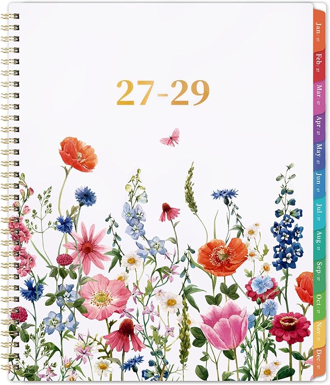 2027-2029 Monthly Planner - 3 Year Calendar 2027-2028-2029 Monthly Planner, Jan 2027 - Dec 2029, 3 Year Planner 2027-2029, 9" x 11" Planners, 36 Month Calendar with Colourful Tabs + Back Pocket - Flowers