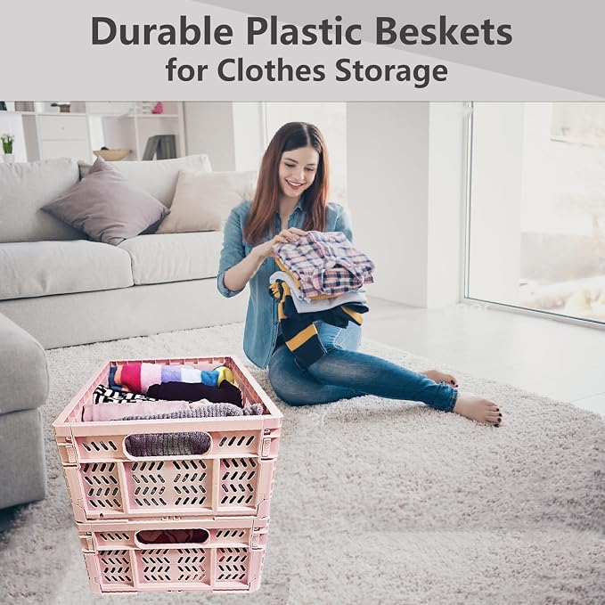 20L Foldable Crates, 4Pack Plastic Baskets for Home and Office,Plastic Folding baskets,Collapsible Crates for Chrismas Gifts, Toys Storage. (Light Pink,15.7x11.8x6.3Inc)