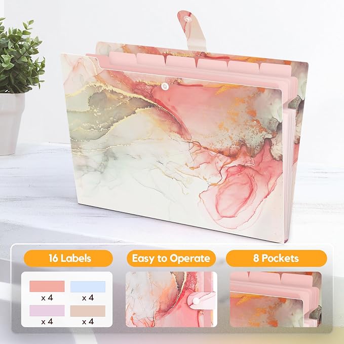 Expanding File Folder, Folders for Important Documents Organizer, Accordion File Organizer, Aesthetic Folders for School Students, 8 Pockets File Folder for Home Bills (White Gold Marble)