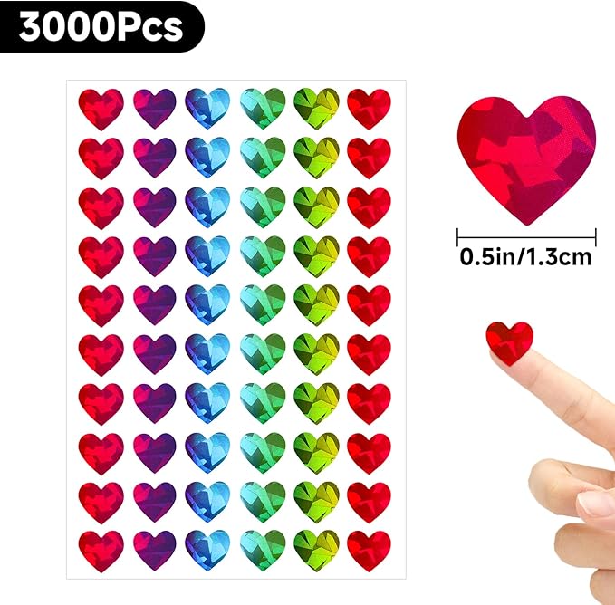 Anwyll 3000Pcs Heart Stickers - 1/2Inch Holographic Colored Heart Stickers Tiny Mini Small Heart Shape Sticker Self Adhesive Happy Valentines Day Heart Love Sticker for Envelope Card Crafts Gift Wrap