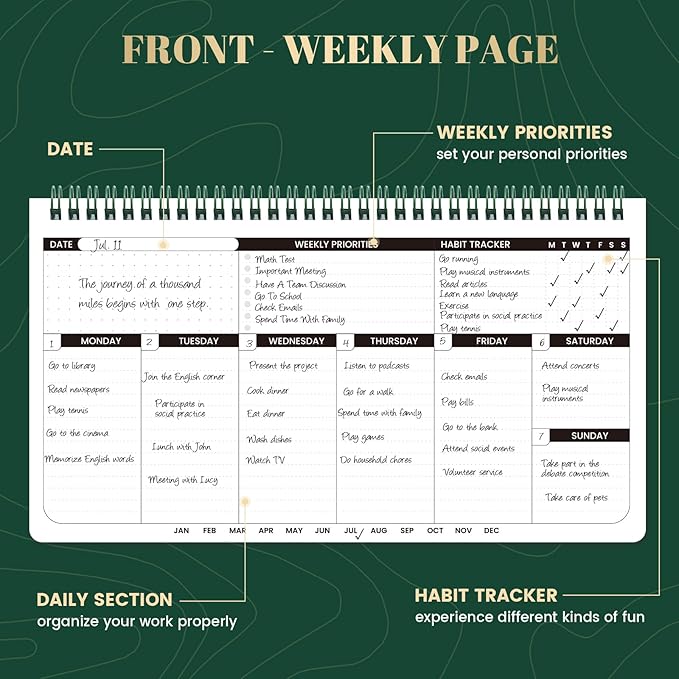 Weekly Planner 2026 – 11.2" x 6.3", Dark Green Spiral Bound, Thick Paper for Smooth Writing, Portable Size for Students, Teachers & Office Workers, 55 Weeks