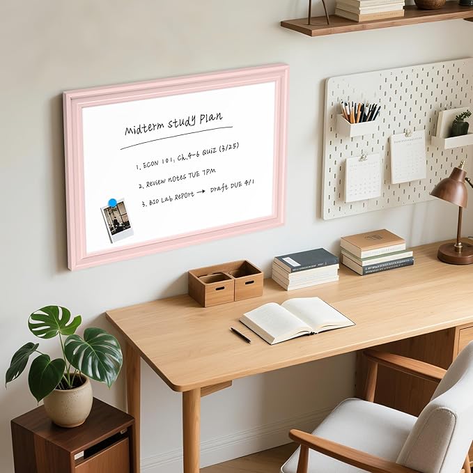 White Board for Wall, 24'' x 18'' Magnetic Dry Erase Board, Decorative Whiteboard with Pink Wooden Frame, Hanging Writing Board for Home Office School Dorm