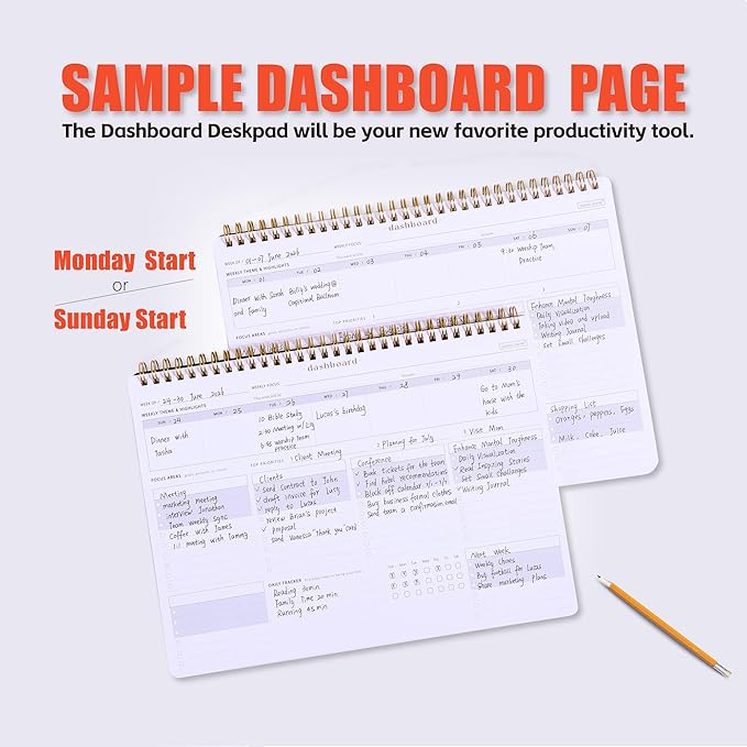 Weekly Desk Planner Monday Start - Dashboard Desk Pad Ideal for Project Manager, Business Owner, Freelancer, and Multitaskers to Achieve Goals - Spiral Productivity Journal