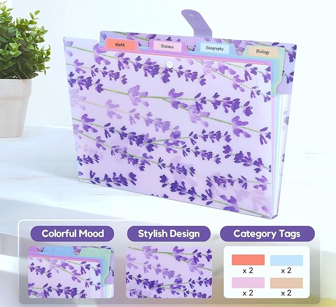 Folder Organizer Expanding File Folder Patternted - Accordion Document Organizer with 5 Pockets and Labels, Waterproof A4/Letter Size for School Office Home (Lavender)