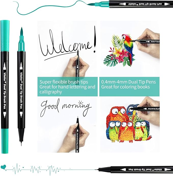 Vitoler Markers Highlighters,34 Colored Brush Markers Dual Tip Brush Pens for Art Supplies,Artist Highlighters for Kids Adult Coloring Books No Bleeding(34 Colors Pen)