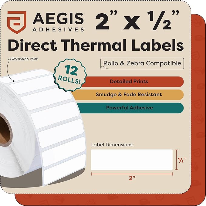Aegis Adhesives - 2" X 1/2" Direct Thermal Labels (12 Rolls, 2400 Labels/Roll) for Barcodes, Return Address, File Folders - Perforated, Compatible with Rollo, Zebra, and Other Desktop Label Printers