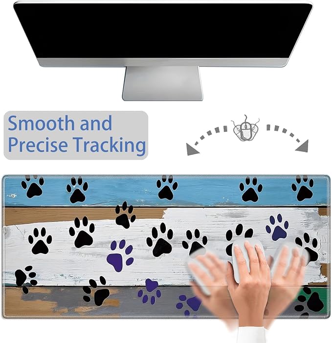 Mouse Pad Gaming Mousepad 31.5x11.8 Inch XXL Large + Coasters,Desk Mat with Stitched Edges, Non-Slip Rubber Base, Thick Mouse Pad for Computer, Laptop, Office & Home - Wooden Plank Cat Paw Print