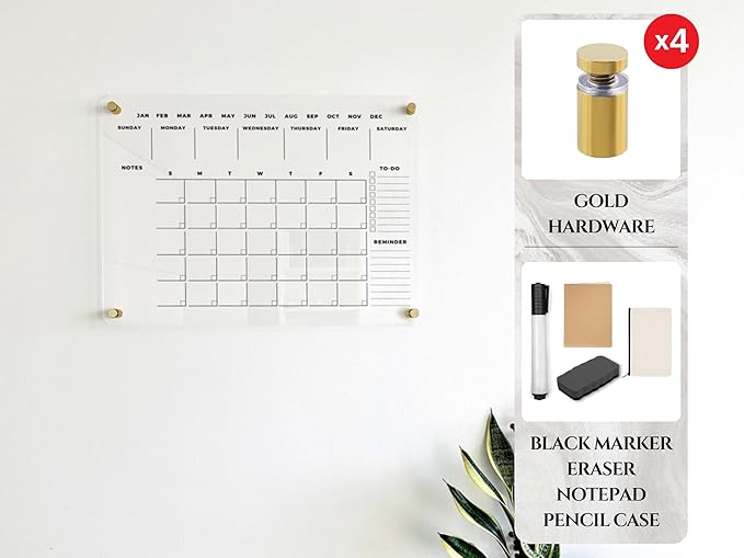 Acrylic Dry Erase Wall Calendar - Reusable Family Planner, Housewarming Gift, Horizontal Monthly Organizer Board (Gold Standoff, 28"x20")