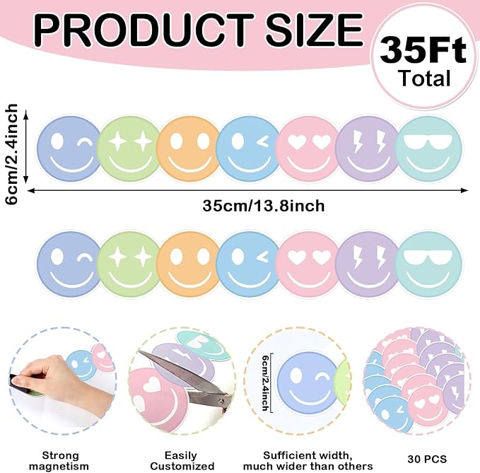 30 Pcs Preppy Happy Face Magnetic Bulletin Board Borders 35 Ft Pastel Happy Face Magnetic Border Strip Colorful Smile Faces Bulletin Board Decorations for Classroom Office & Activity Room Accessories