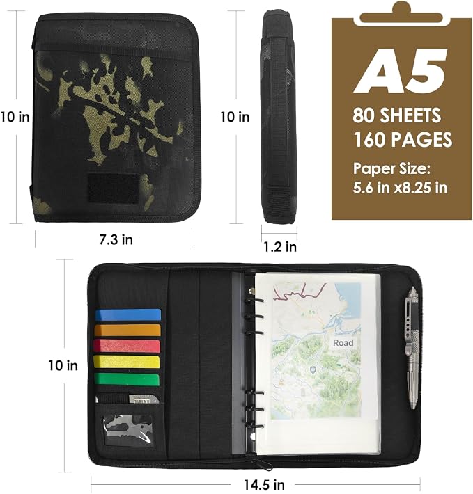 Tactical Notebook Cover, A5 Padfolio 6 Ring Binder with Big Back Pocket & Hand Strap, Zippered Hardcase Planner for Journal, College, Office, Field (Black Camo, A5(7.3 x 10 inches))