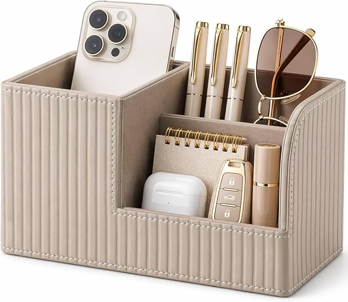 KINGFOM Desk Pen Organizer Office Supplies Caddy Pu Leather Multi-function Storage Box Pen/Pencil,Cell phone, Business Name Cards Remote Control Holder (Mocha Beige)