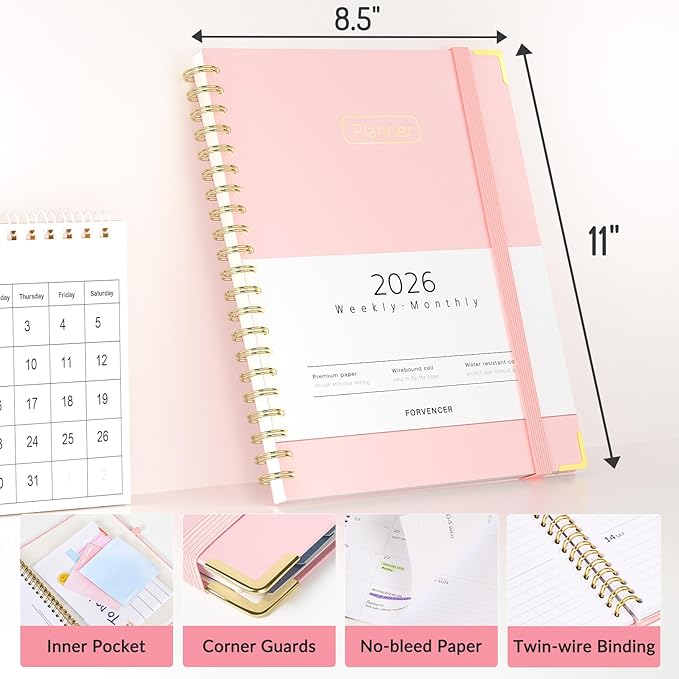Forvencer 2026 Planner, Hardcover Calendar Planner Weekly and Monthly, Jan 2026 - Dec 2026, 8.5" x 11", Spiral Agenda Book with Tabs, Exquisite Daily Journal Organizer for Home School, Beige