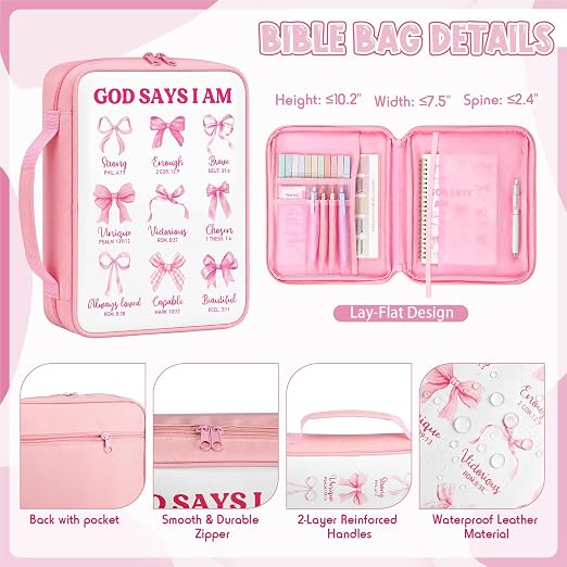 Capoda Bible Cover Case for Women, Bible Tote Bibles Study Supplies with Notebook Highlighters Ballpoint Pen Sticky Notes Scripture Card for Mother's Day Christian Gifts Women Mom Girls(God,Pink)