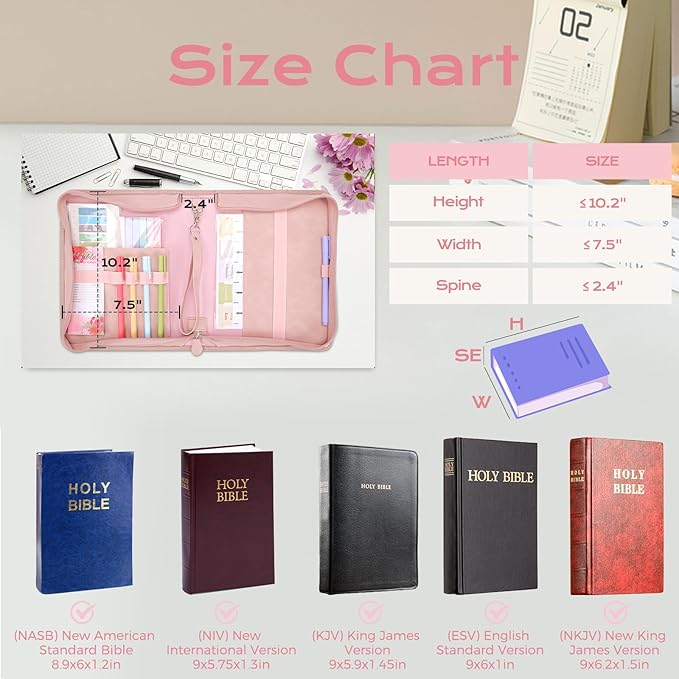 XKDOUS Bible Cover Case Leather Bible Bags with Handle, Tabs, Pens, Study Supplies Organizer Pink Carrying Book Case Large Church Book Holder Christmas Gifts for Women Lady
