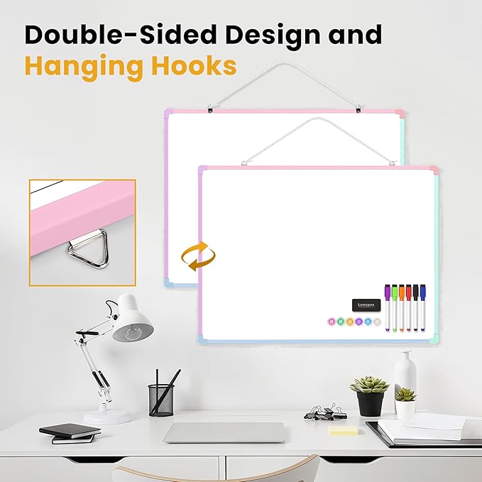 Dry Erase Board for Wall, 24" x 18" Double-Sided Hanging White Board with 6 Markers, 6 Magnets and 3 Mini Sticky Notes, Portable Whiteboard for Home, Office, School, Colorful Frame